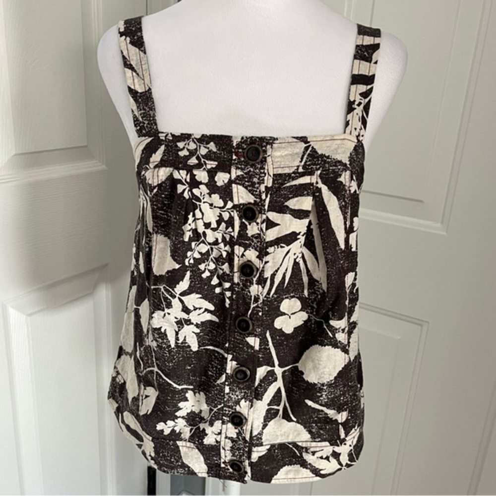 Anthro HD In Paris Laurel Sz‎ 2 Tank Top 31” Bust Floral Button Sleeveless Linen - Picture 2 of 11